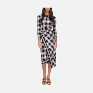 NWT Michael Kors Asymmetrical Plaid Midi Dress In Bone (Size: XXS)